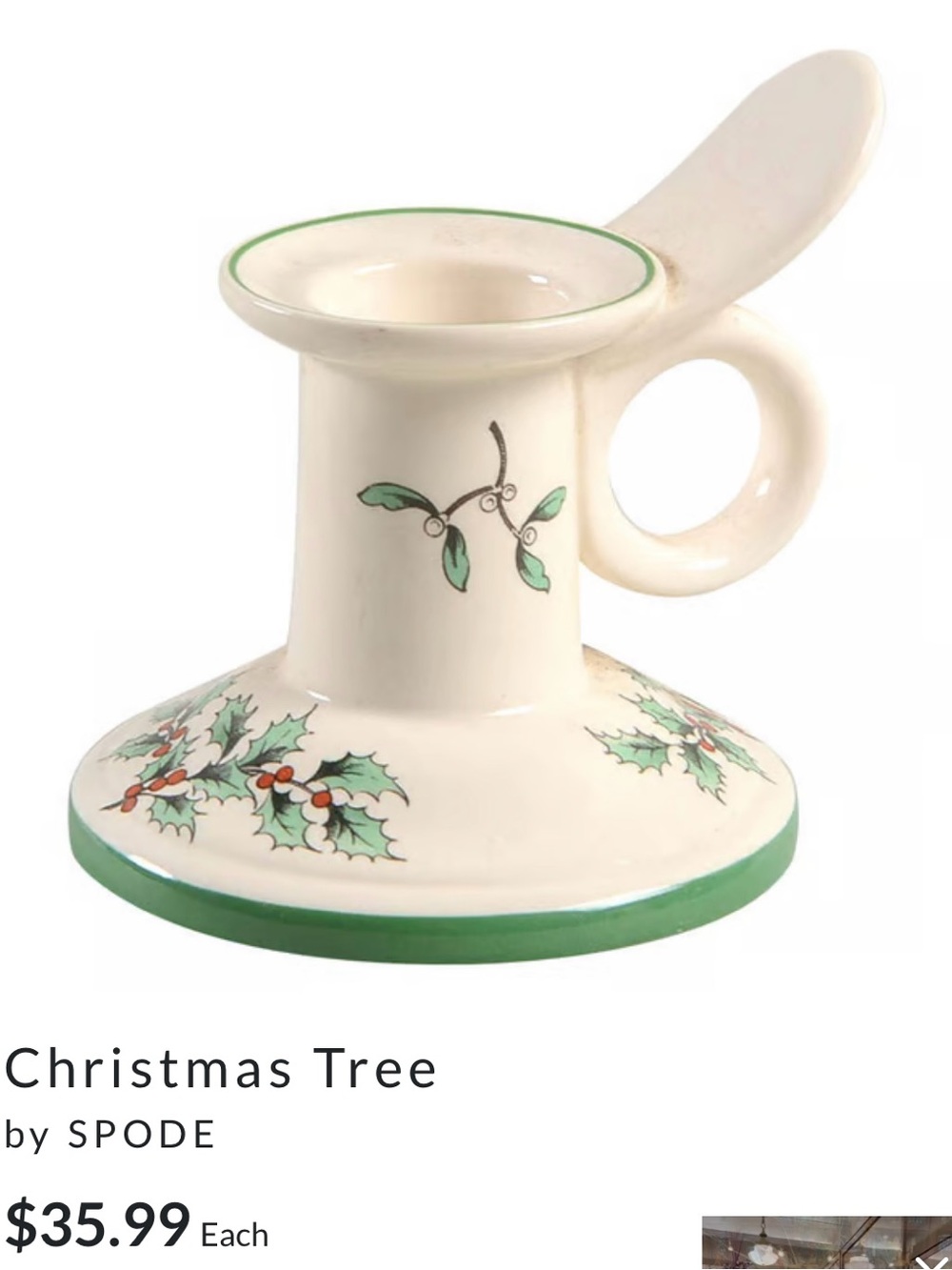 Spode Cream and Green Holly Ceramic Chamberstick with Red Berries